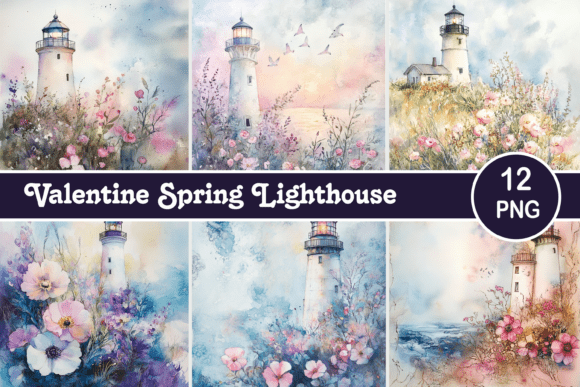 Download Valentine Watercolor Spring Lighthouse - Valentine watercolor Collection